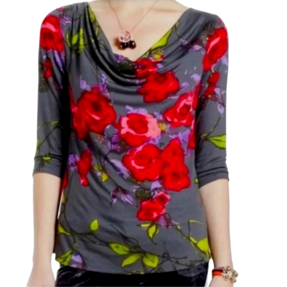 WESTON WEAR ANTHRO Cowl Neck Blouse S Top Shirt Watercolor Floral Gray Draped - Picture 5 of 13